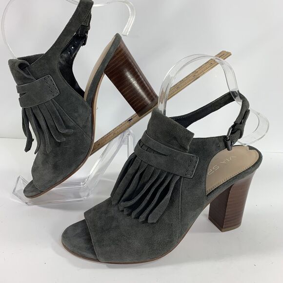Via Spiga Bootie Peep Toe Sz 7 Heels Gray Leather Fringe Southwestern Country - Picture 2 of 16